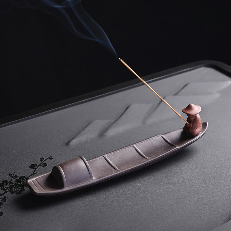 Nimara Ritual Fisherman Boat Purple Clay Peace Healing Ceramic Stick Incense Burner Decoration