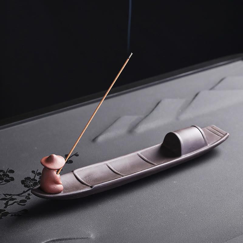 Nimara Ritual Fisherman Boat Purple Clay Peace Healing Ceramic Stick Incense Burner Decoration
