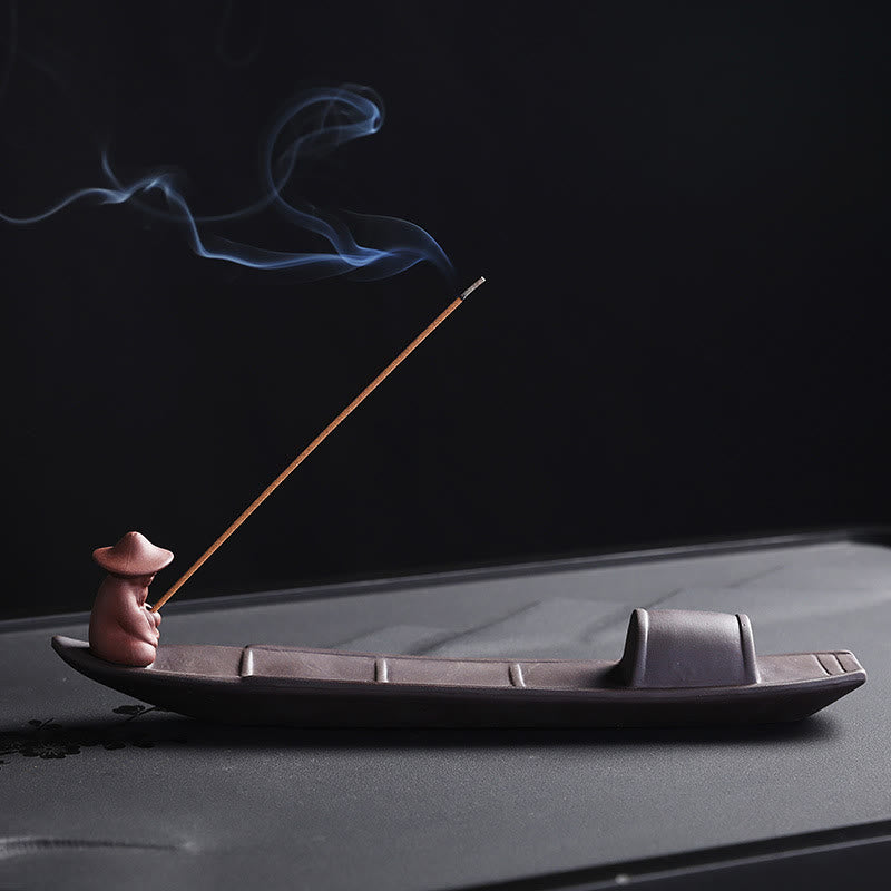 Nimara Ritual Fisherman Boat Purple Clay Peace Healing Ceramic Stick Incense Burner Decoration