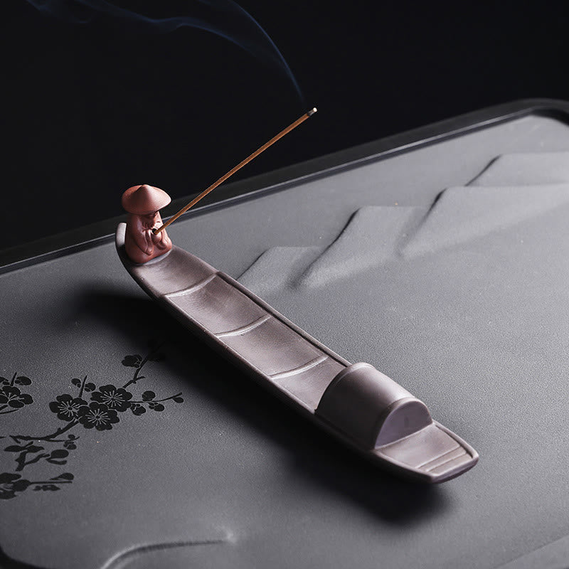 Nimara Ritual Fisherman Boat Purple Clay Peace Healing Ceramic Stick Incense Burner Decoration