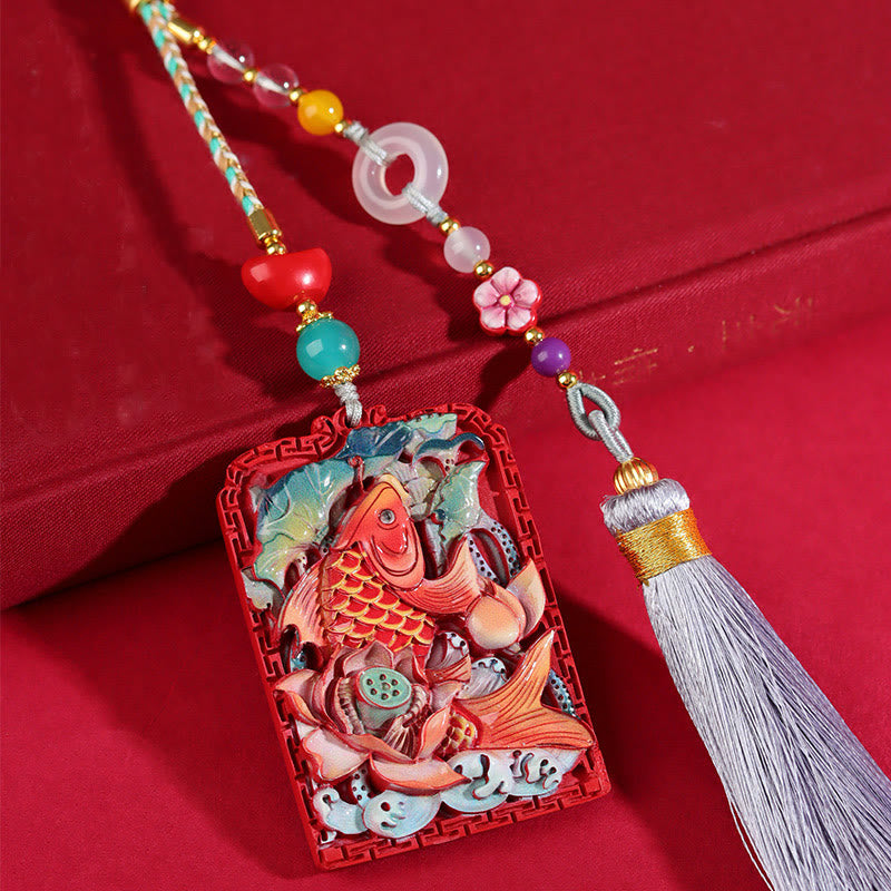 Nimara Ritual Natural Cinnabar Koi Fish Lotus Design Blessing Peace Buckle Car Hanging Decoration