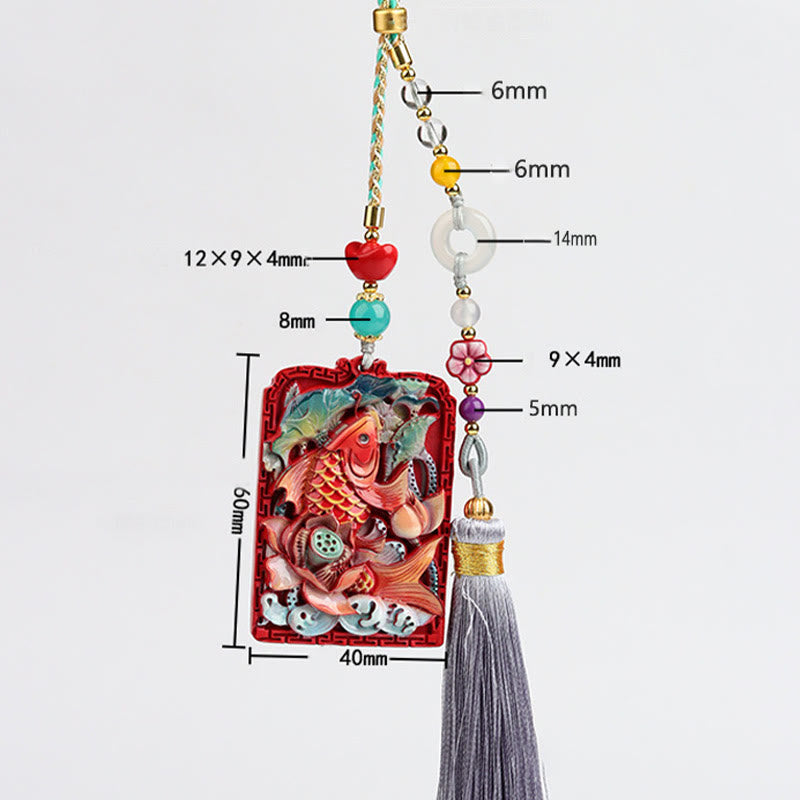 Nimara Ritual Natural Cinnabar Koi Fish Lotus Design Blessing Peace Buckle Car Hanging Decoration