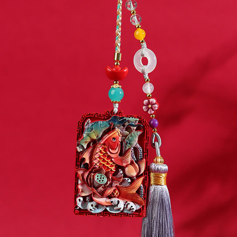 Nimara Ritual Natural Cinnabar Koi Fish Lotus Design Blessing Peace Buckle Car Hanging Decoration