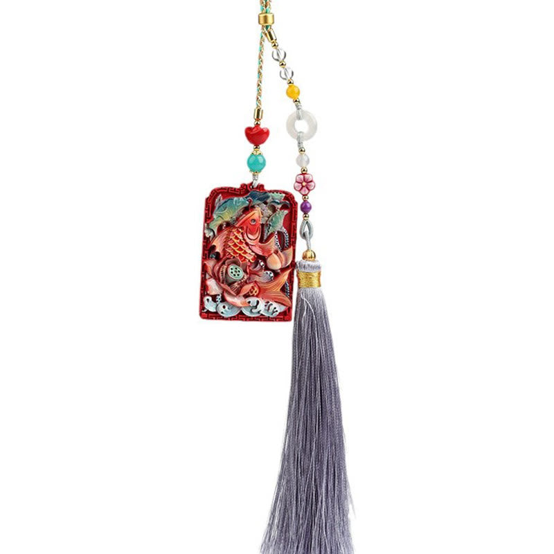 Nimara Ritual Natural Cinnabar Koi Fish Lotus Design Blessing Peace Buckle Car Hanging Decoration