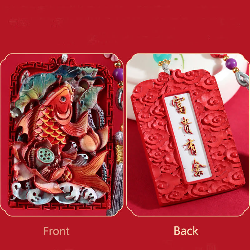 Nimara Ritual Natural Cinnabar Koi Fish Lotus Design Blessing Peace Buckle Car Hanging Decoration