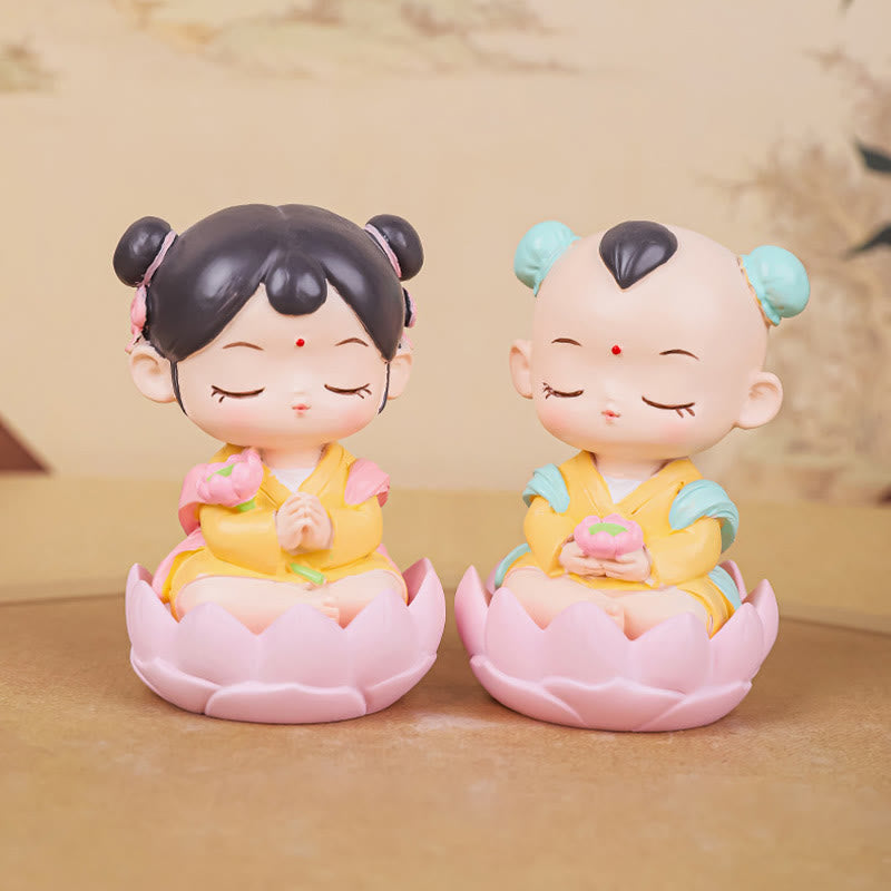 Nimara Ritual Meditation Avalokitesvara Lotus Boy Girl Resin Statue Harmony Home Decoration