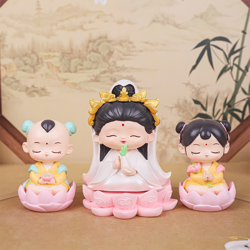 Nimara Ritual Meditation Avalokitesvara Lotus Boy Girl Resin Statue Harmony Home Decoration
