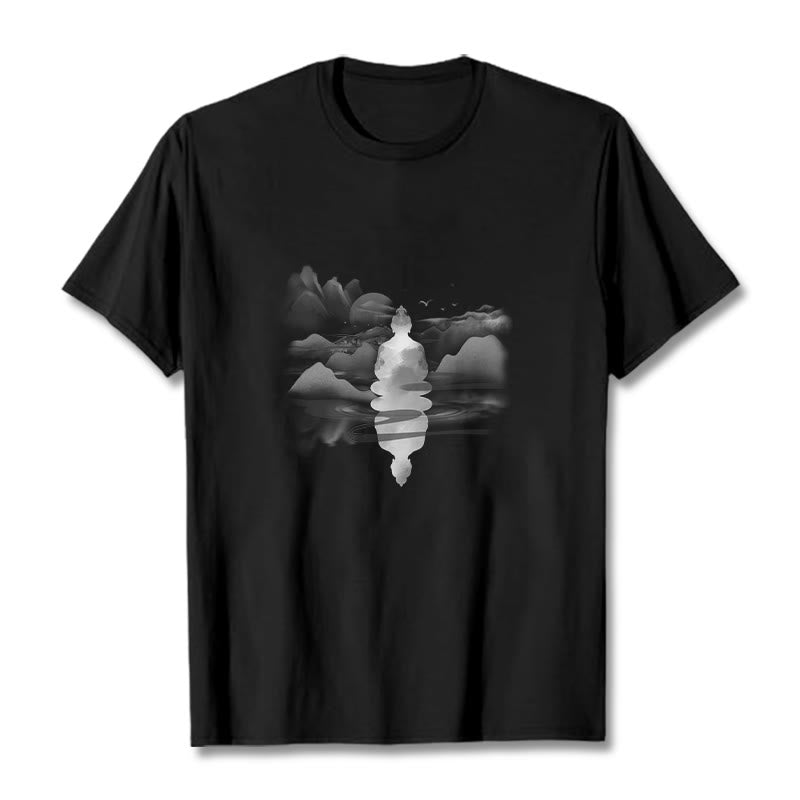 Nimara Ritual Meditating Buddha Sitting In Mountains Pattern Cotton Tee T-shirt