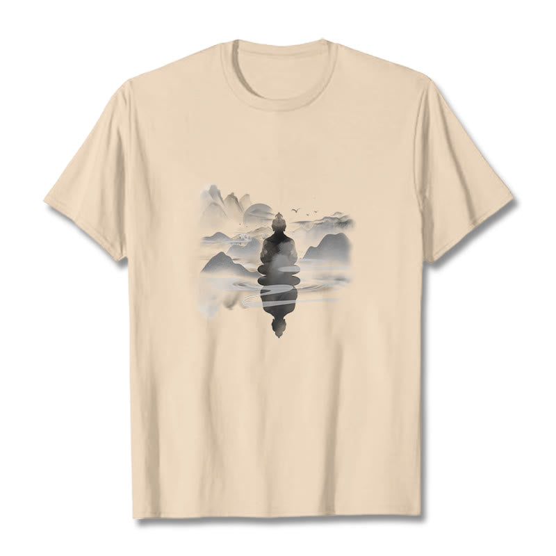 Nimara Ritual Meditating Buddha Sitting In Mountains Pattern Cotton Tee T-shirt