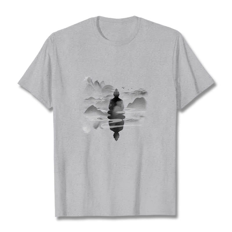 Nimara Ritual Meditating Buddha Sitting In Mountains Pattern Cotton Tee T-shirt
