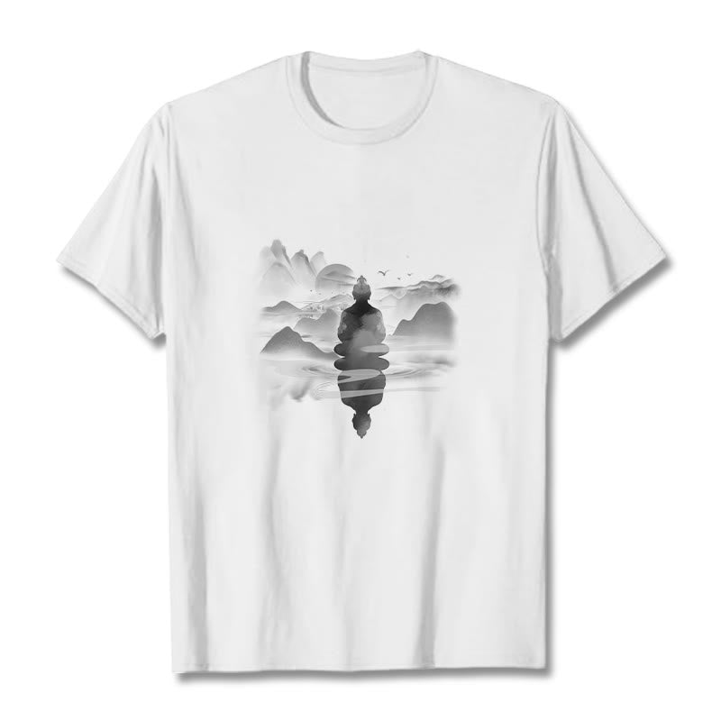 Nimara Ritual Meditating Buddha Sitting In Mountains Pattern Cotton Tee T-shirt
