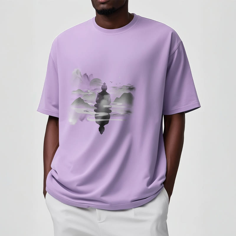 Nimara Ritual Meditating Buddha Sitting In Mountains Pattern Cotton Tee T-shirt