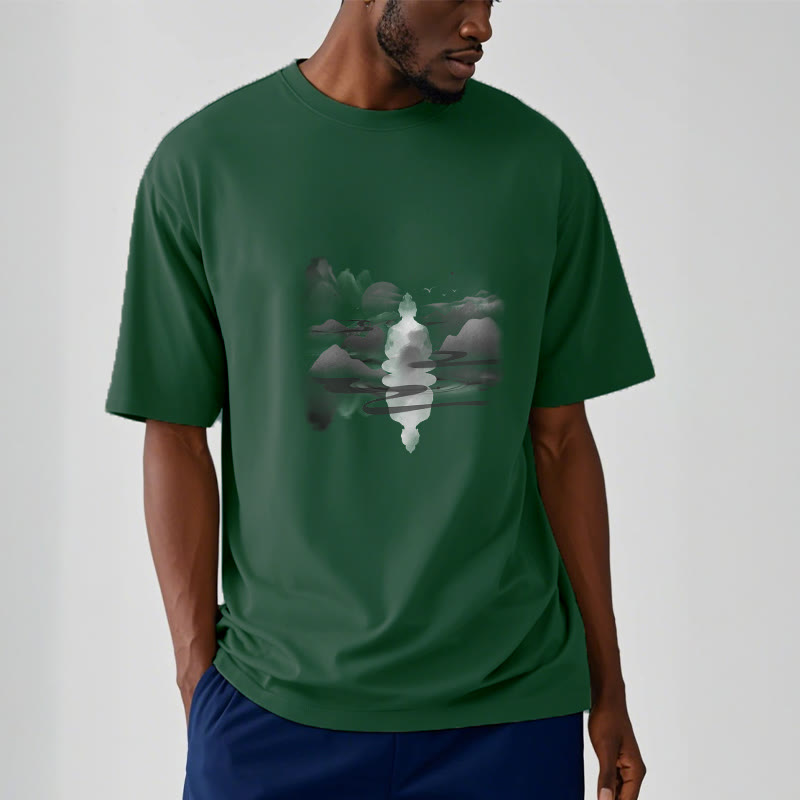 Nimara Ritual Meditating Buddha Sitting In Mountains Pattern Cotton Tee T-shirt