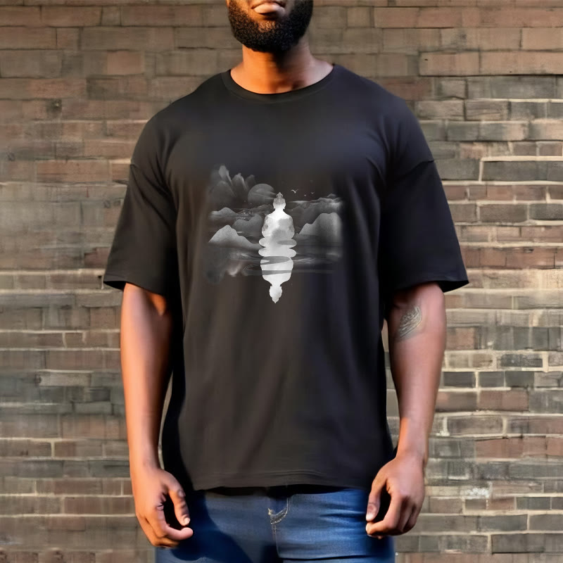 Nimara Ritual Meditating Buddha Sitting In Mountains Pattern Cotton Tee T-shirt