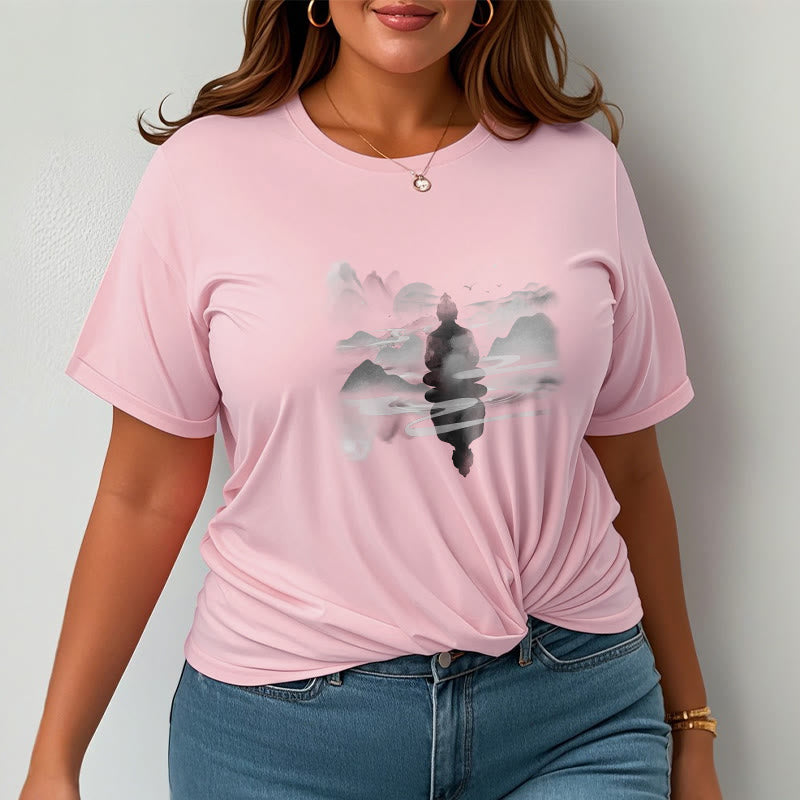 Nimara Ritual Meditating Buddha Sitting In Mountains Pattern Cotton Tee T-shirt