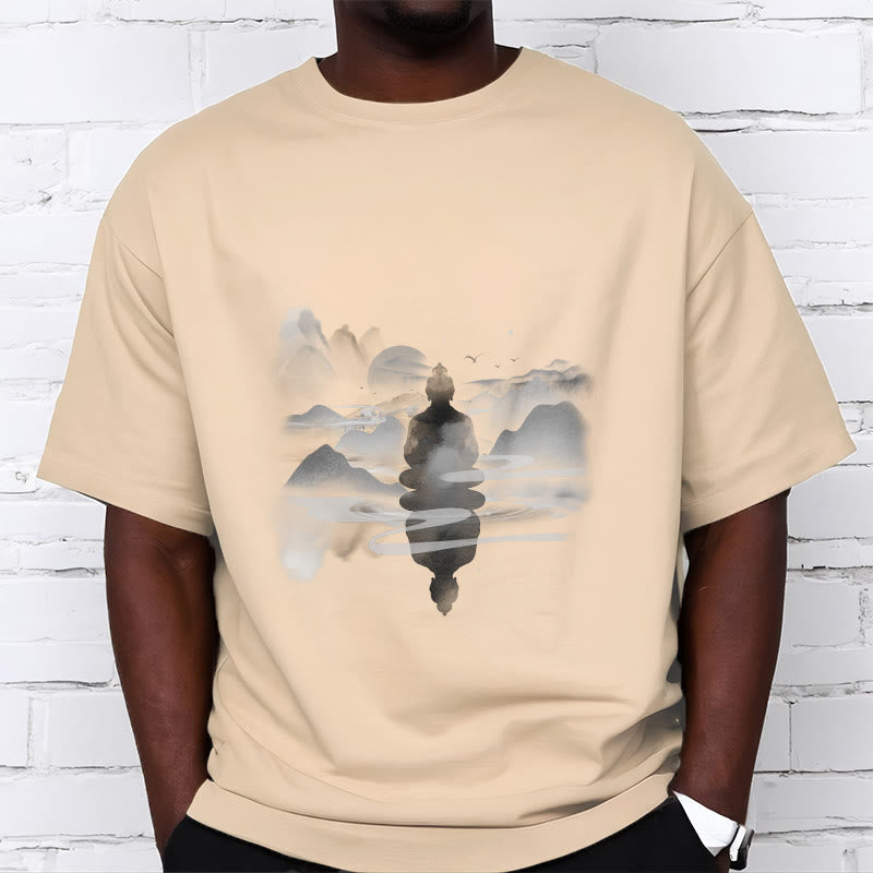 Nimara Ritual Meditating Buddha Sitting In Mountains Pattern Cotton Tee T-shirt