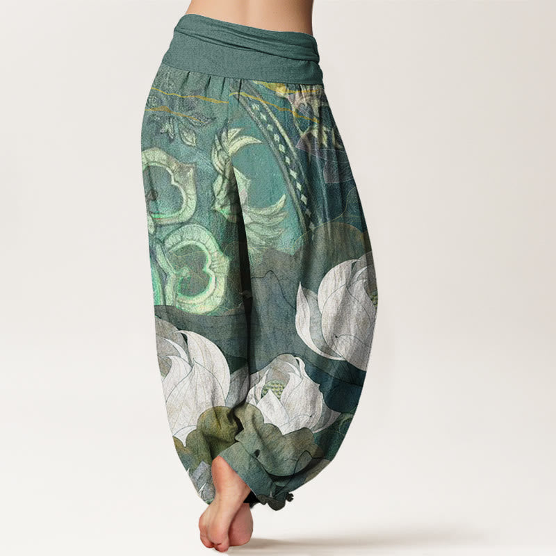 Nimara Ritual Cotton White Lotus Leaves Pattern Casual Women's Elastic Waist Harem Pants