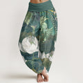 Nimara Ritual Cotton White Lotus Leaves Pattern Casual Women's Elastic Waist Harem Pants