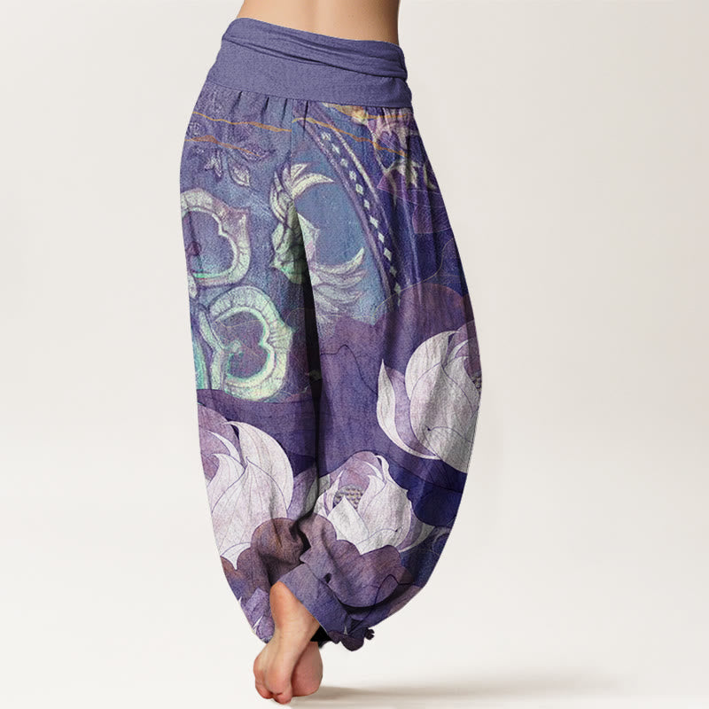 Nimara Ritual Cotton White Lotus Leaves Pattern Casual Women's Elastic Waist Harem Pants