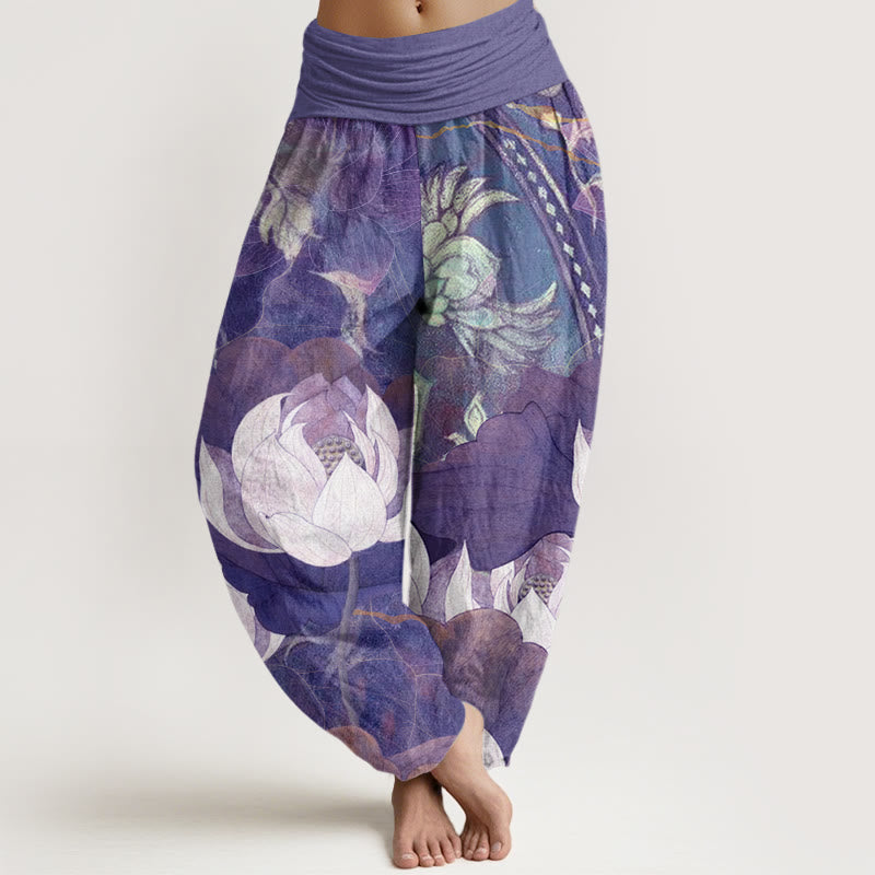 Nimara Ritual Cotton White Lotus Leaves Pattern Casual Women's Elastic Waist Harem Pants