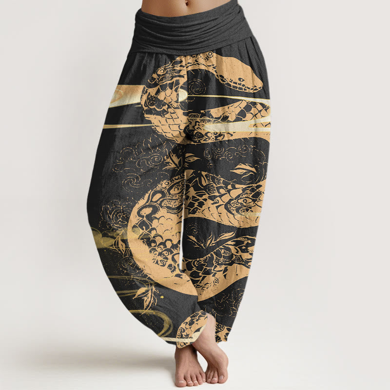 Nimara Ritual Cotton Auspicious Clouds With Snake Pattern Women's Elastic Waist Harem Pants