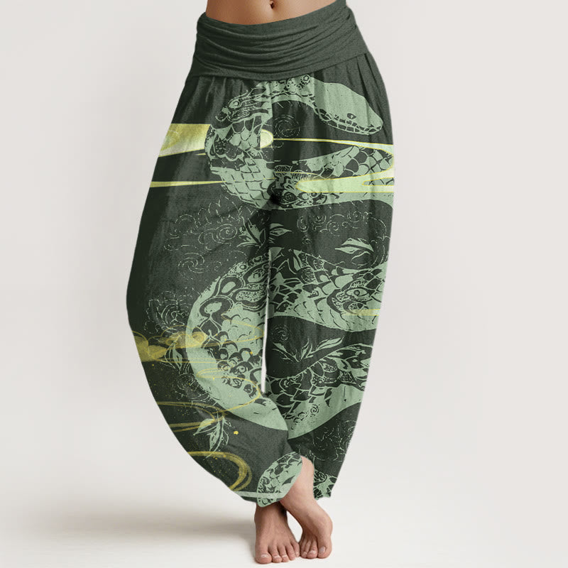 Nimara Ritual Cotton Auspicious Clouds With Snake Pattern Women's Elastic Waist Harem Pants