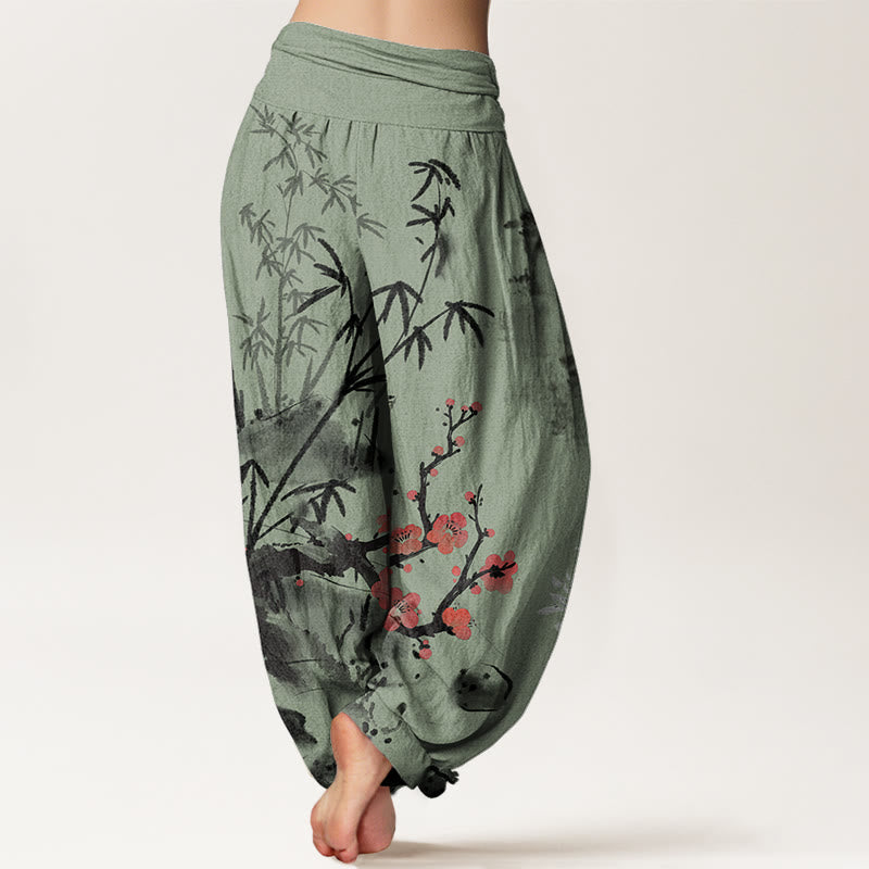 Nimara Ritual Cotton Plum Blossoms Bamboo Orchids Chrysanthemums Pattern Women's Elastic Waist Harem Pants
