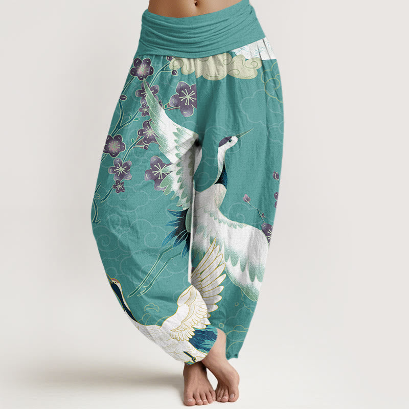 Nimara Ritual Cotton Cranes Flowers Auspicious Clouds pattern Women's Elastic Waist Harem Pants