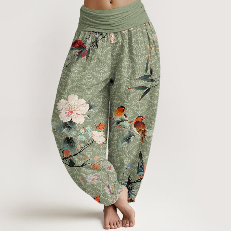 Nimara Ritual Cotton Warbler Bird Blooming Flower Branches Mandala Pattern Women's Elastic Waist Harem Pants
