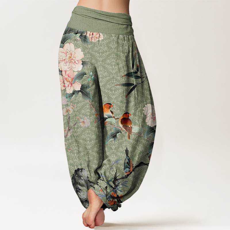 Nimara Ritual Cotton Warbler Bird Blooming Flower Branches Mandala Pattern Women's Elastic Waist Harem Pants