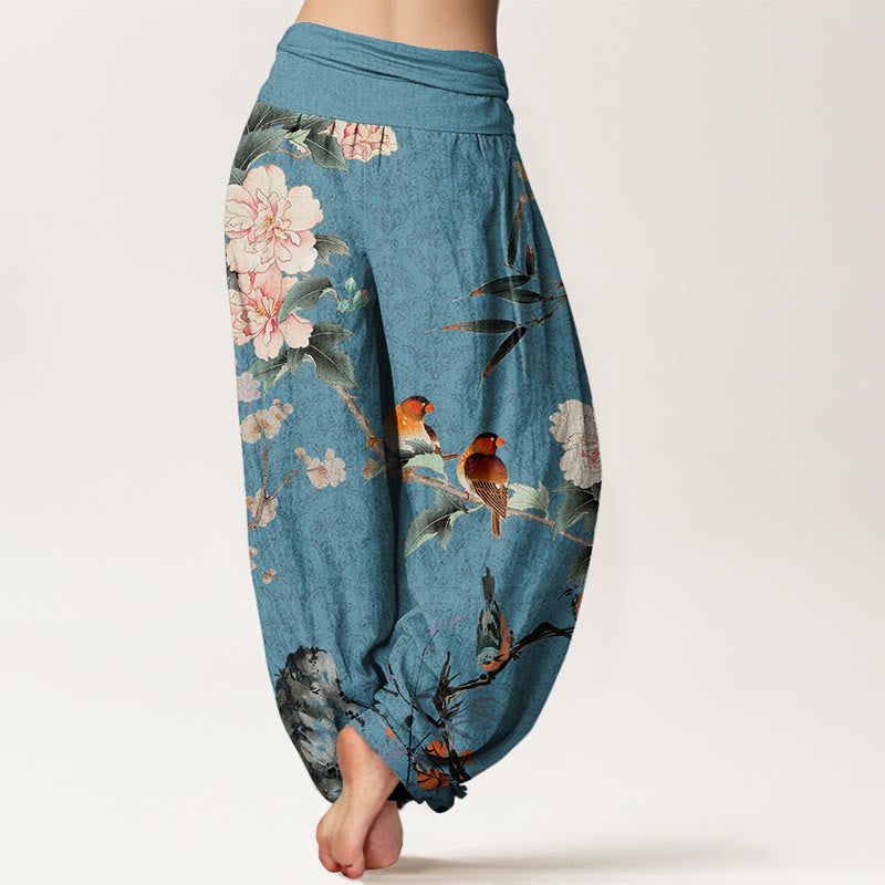 Nimara Ritual Cotton Warbler Bird Blooming Flower Branches Mandala Pattern Women's Elastic Waist Harem Pants