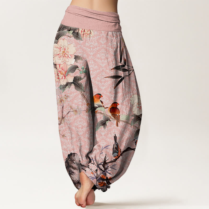 Nimara Ritual Cotton Warbler Bird Blooming Flower Branches Mandala Pattern Women's Elastic Waist Harem Pants