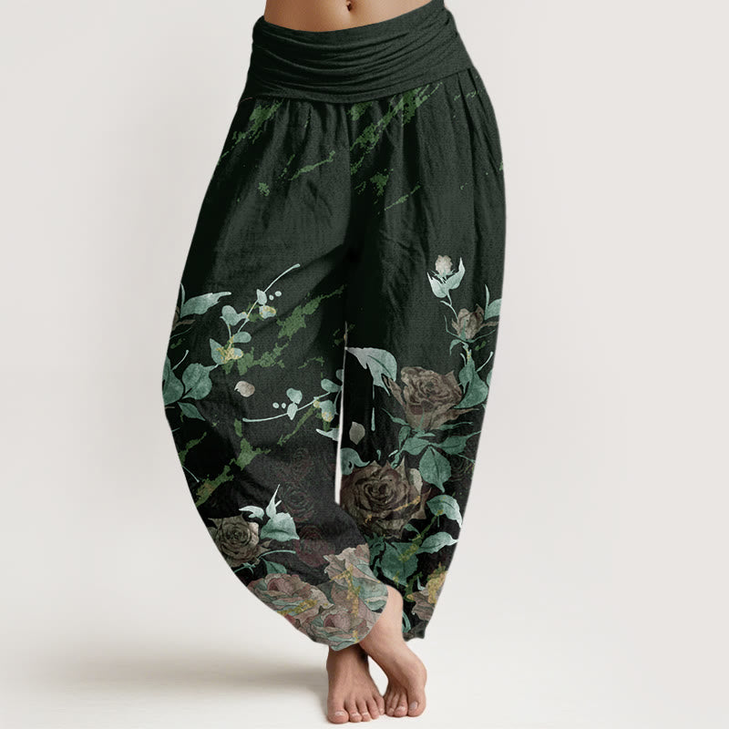 Nimara Ritual Cotton Blooming Roses Pattern Women's Elastic Waist Harem Pants