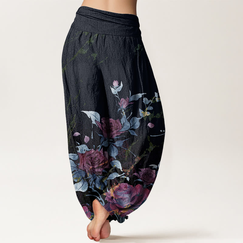Nimara Ritual Cotton Blooming Roses Pattern Women's Elastic Waist Harem Pants