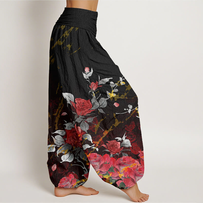 Nimara Ritual Cotton Blooming Roses Pattern Women's Elastic Waist Harem Pants
