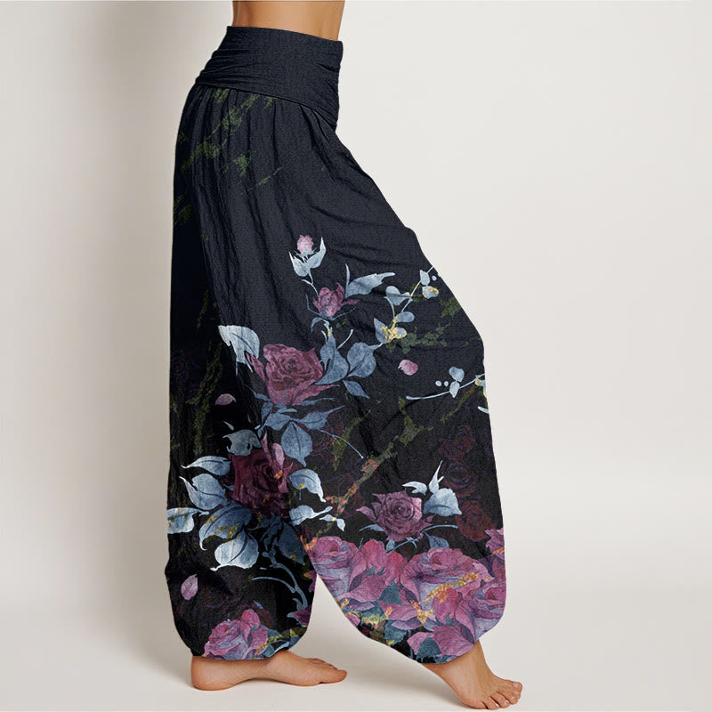 Nimara Ritual Cotton Blooming Roses Pattern Women's Elastic Waist Harem Pants