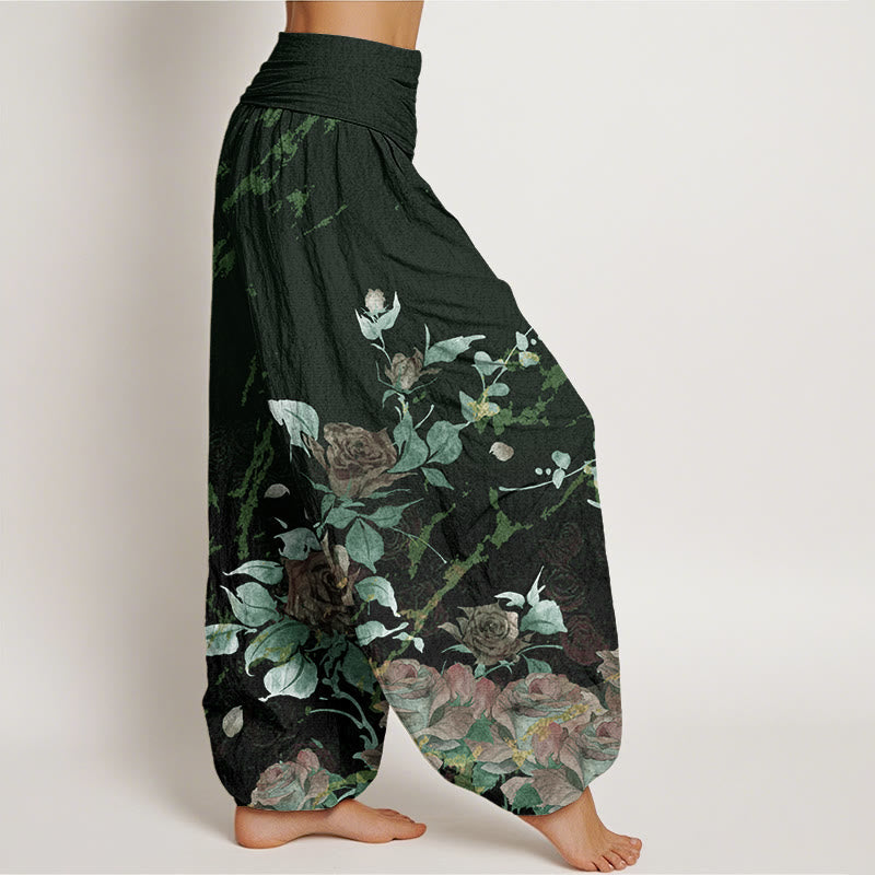 Nimara Ritual Cotton Blooming Roses Pattern Women's Elastic Waist Harem Pants