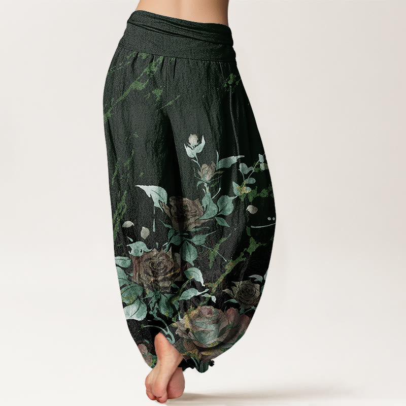 Nimara Ritual Cotton Blooming Roses Pattern Women's Elastic Waist Harem Pants