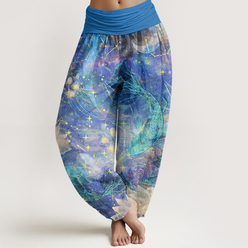 Nimara Ritual Cotton Koi Fish Lotus Moon Stars Pattern Women's Elastic Waist Harem Pants