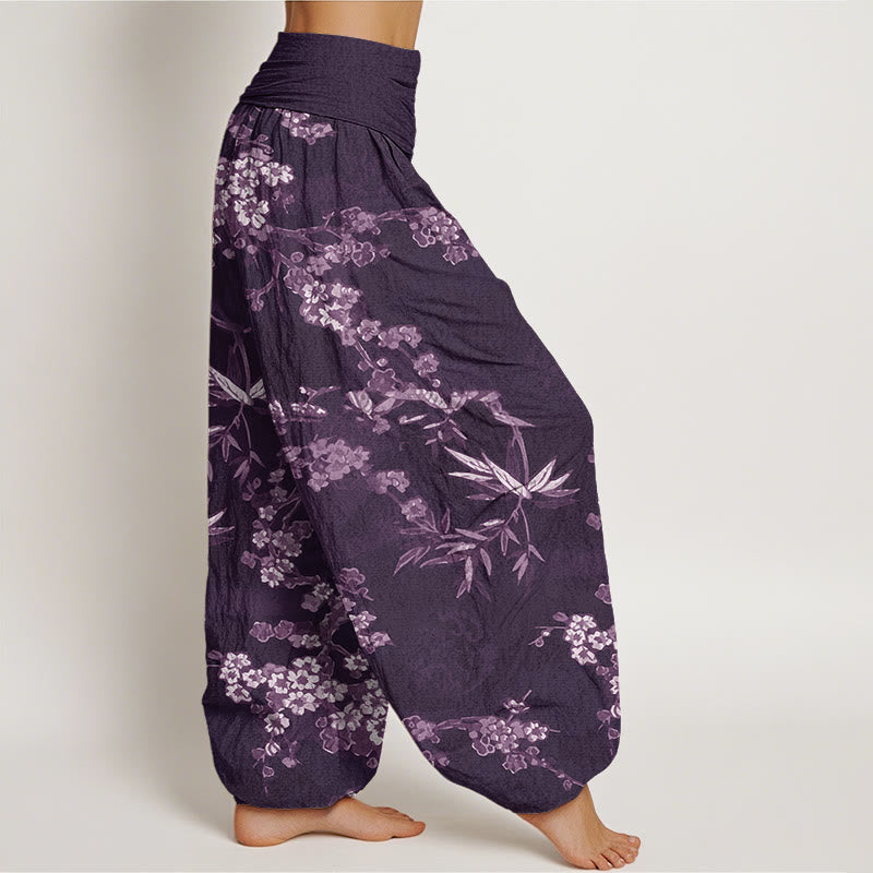 Nimara Ritual Cotton White Sakura Flower Pattern Women's Elastic Waist Harem Pants