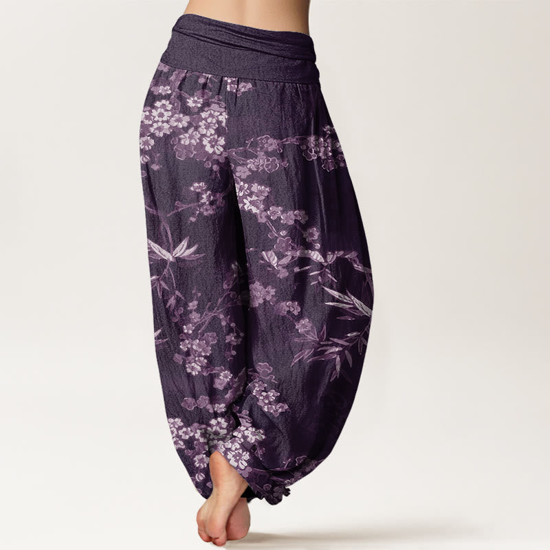 Nimara Ritual Cotton White Sakura Flower Pattern Women's Elastic Waist Harem Pants