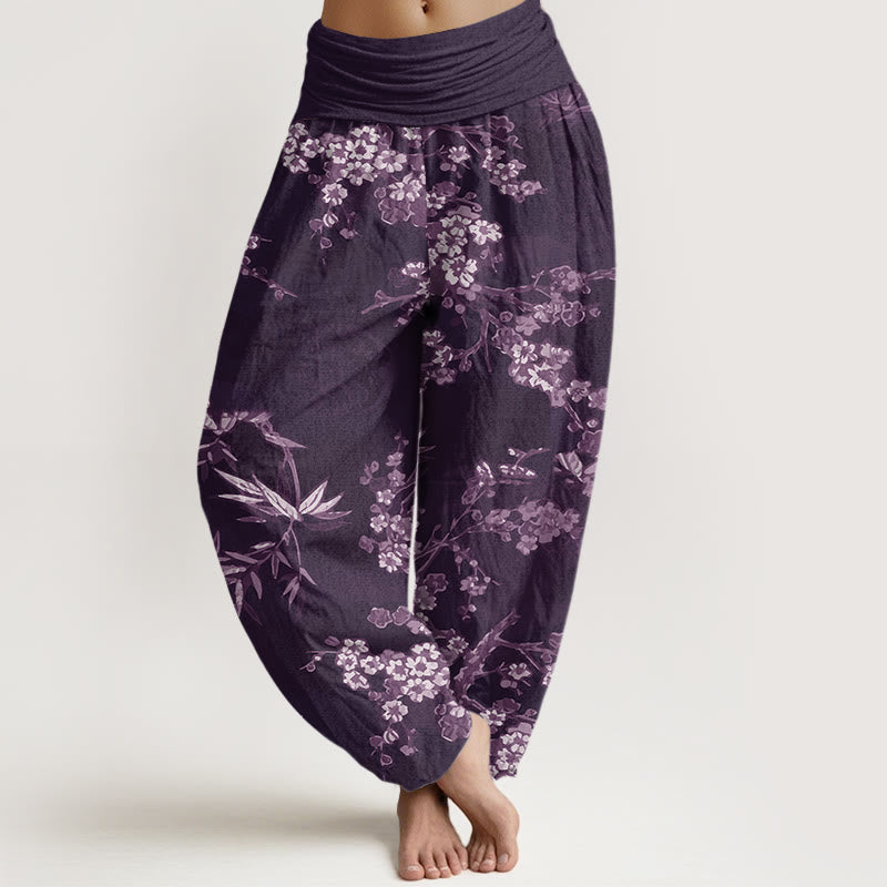 Nimara Ritual Cotton White Sakura Flower Pattern Women's Elastic Waist Harem Pants