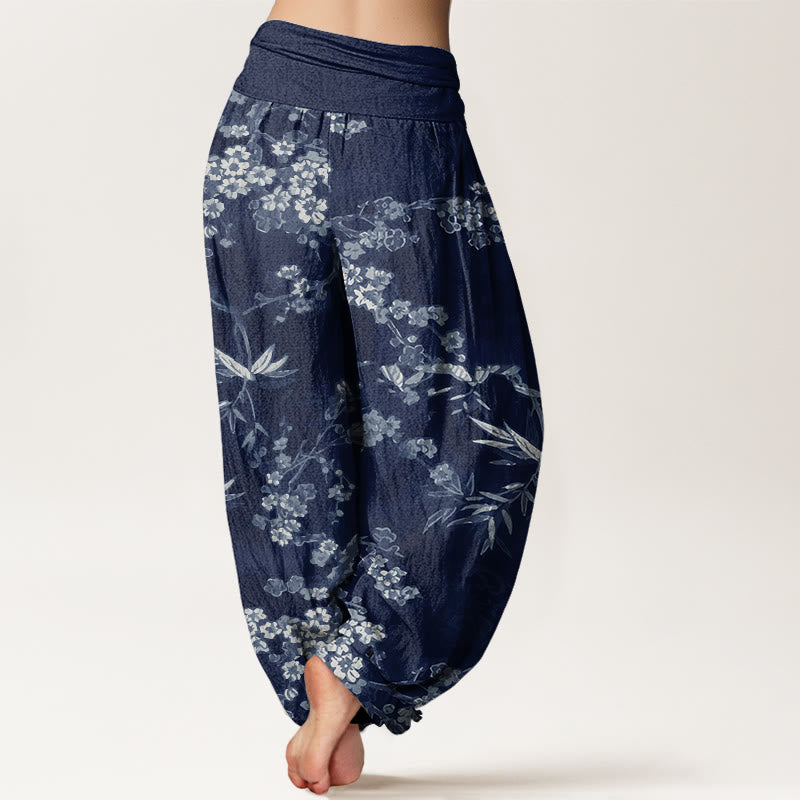 Nimara Ritual Cotton White Sakura Flower Pattern Women's Elastic Waist Harem Pants