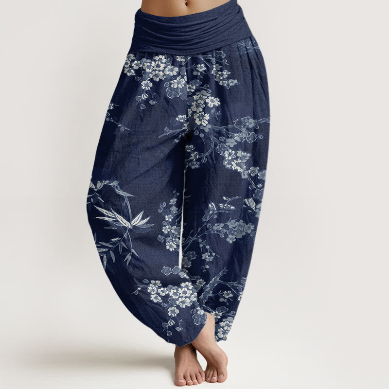 Nimara Ritual Cotton White Sakura Flower Pattern Women's Elastic Waist Harem Pants