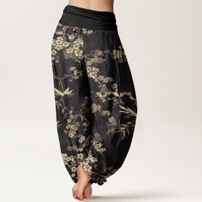 Nimara Ritual Cotton White Sakura Flower Pattern Women's Elastic Waist Harem Pants