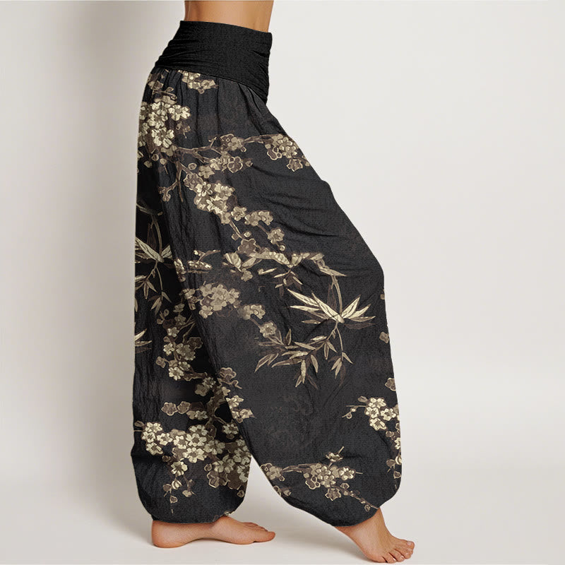 Nimara Ritual Cotton White Sakura Flower Pattern Women's Elastic Waist Harem Pants