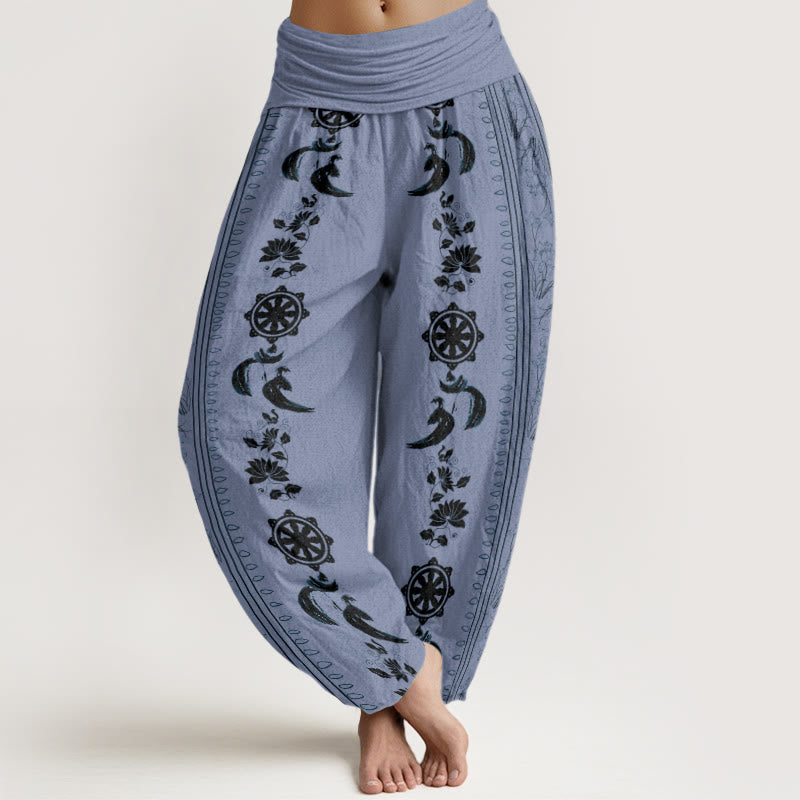 Nimara Ritual Cotton Dharma Wheel Lotus OM Pattern Women's Elastic Waist Harem Pants