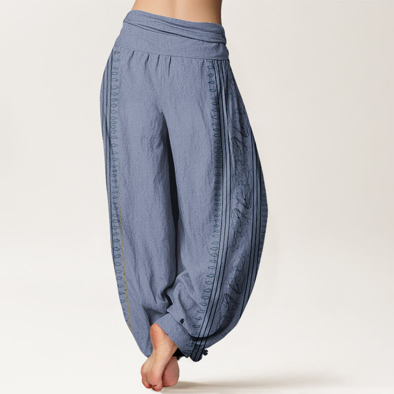Nimara Ritual Cotton Dharma Wheel Lotus OM Pattern Women's Elastic Waist Harem Pants