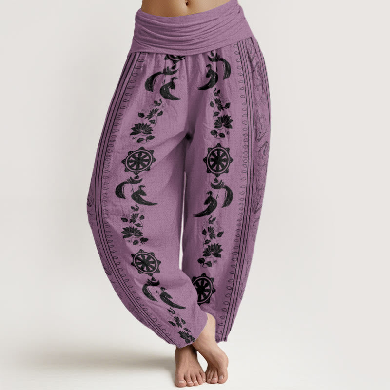 Nimara Ritual Cotton Dharma Wheel Lotus OM Pattern Women's Elastic Waist Harem Pants