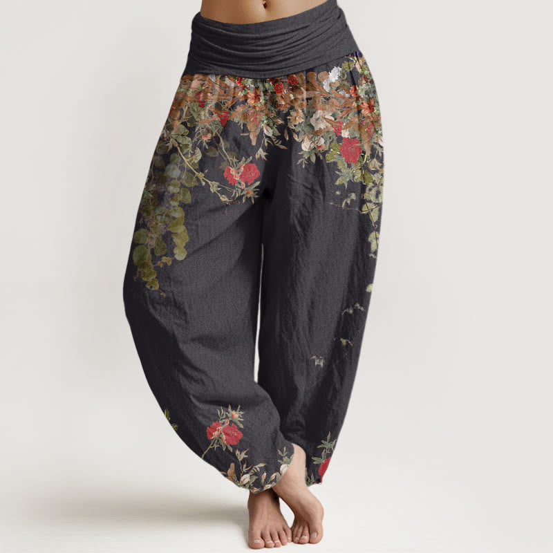 Nimara Ritual Cotton Casual Red Peony Flower Vine Design Women's Elastic Waist Harem Pants